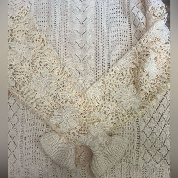 Cream open knit floral crewneck sweater size large twee retro quirky cute retro - Picture 4 of 6